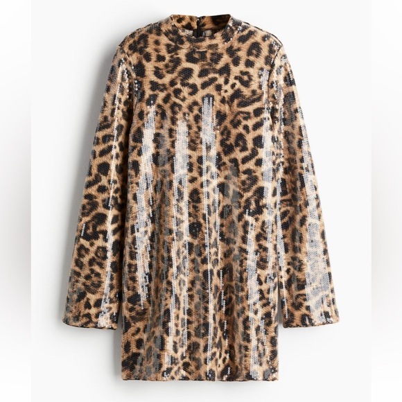 H&M SEQUINED A-LINE DRESS LEOPARD ANIMAL PRINT NWT SIZE S - Picture 1 of 12